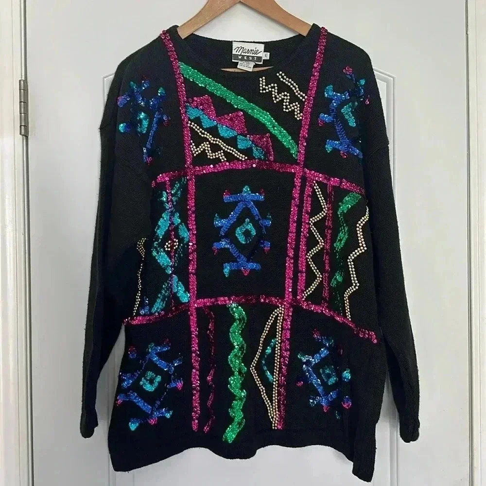 Vintage MARNIE WEST Beaded Sequins Sweater 80s 90s Shoulder Pads L